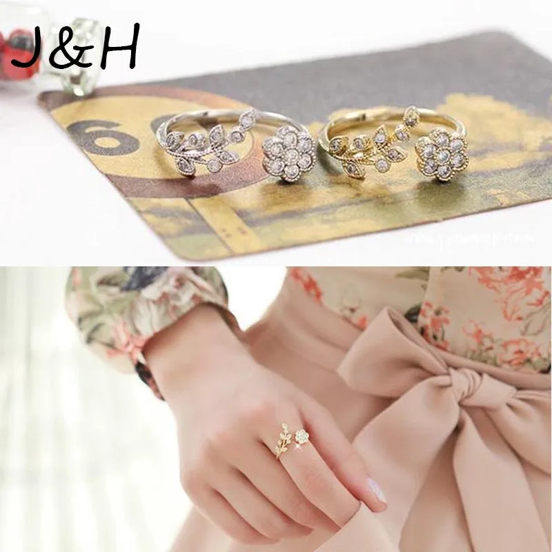 

2019 Fashion Jewelry Twisted Leaves Flower Rhinestone Open Ring Branch Finger Adjustable Rings For Women Dropshipping
