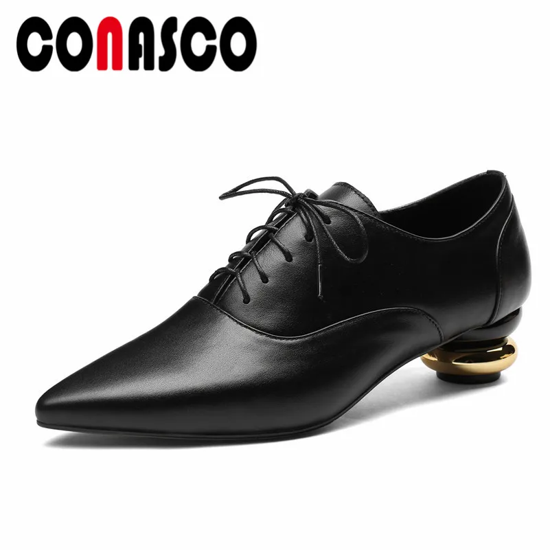 

CONASCO Women Cow Leather High Heeled Pointed Toe Pumps Lace Up Four Season Office & Career Wedding Shoes Woman Ladies Rome Pump
