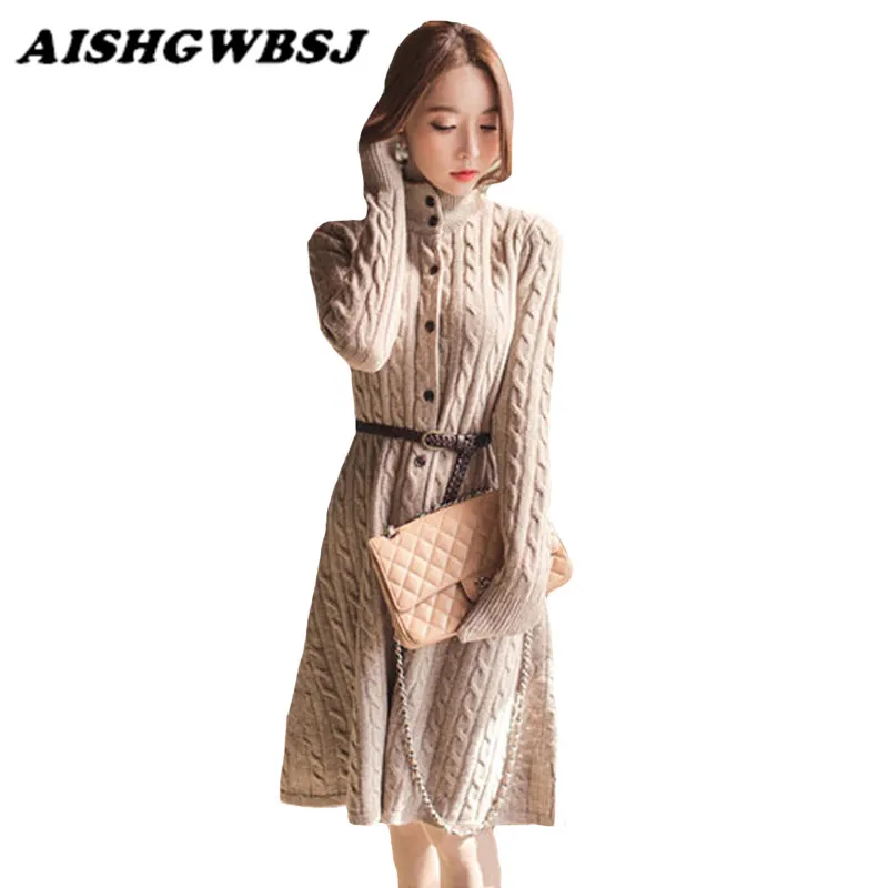 Image 2016 Korean Style Women Winter Dresses Coat Long Sleeve Turtleneck Casual Warm Women Sweater Dress With Sashes Outerwear QYX52