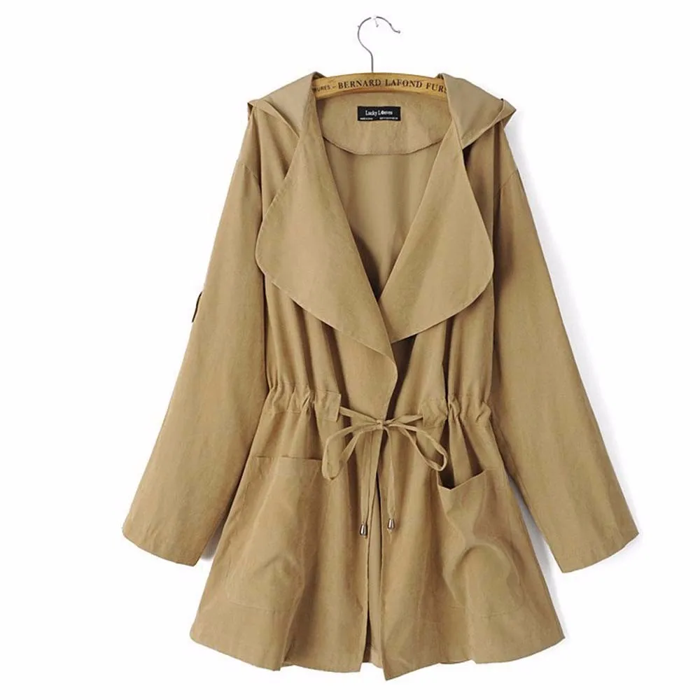 Women Trench Coat Elegant Khaki Drawstring Waist Long Trench Coats For Women Casual  Windbreaker Female Casacos 2016