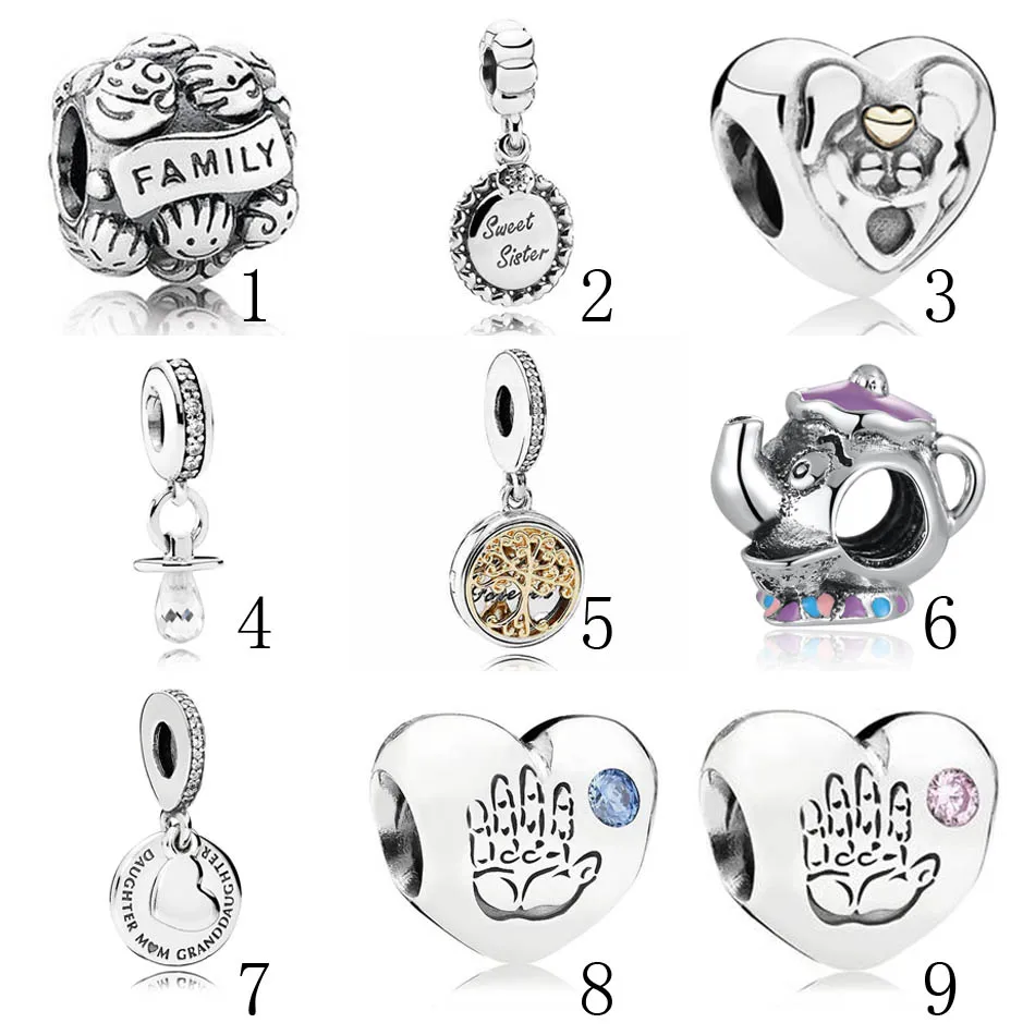 

925 Silver Family Beads Fit Original Pandora Bracelet Bangle Sweet Sister Three Generations Dangle Baby Girl Boy Charm DIY