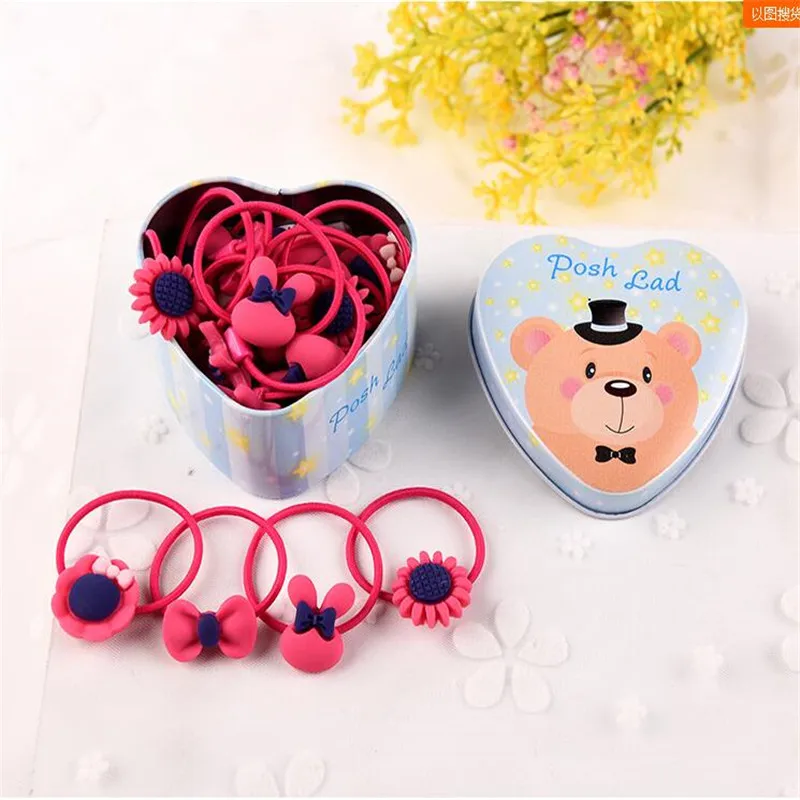 Bear Rose Red 20 шт./лот, эластичные резинки для волос, Женская лента для волос, бант, жестяная коробка, набор, рождественский подарок, цветок, мультяшное детское кольцо, веревка, аксессуары для волос для девочек - Цвет: Bear Rose Red