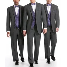 Three Piece Gray Wedding Groomsmen Tuxedos 2018 Purple Vest Notched Lapel Classic Fit Business Men Suits (Jacket + Pants + Vest)