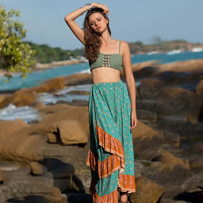 

Ruffle Boho Long Skirt 2019 Women Print Floral Fashion Beach Skirt Summer Female Seaside Vacation Sundress jupe femme