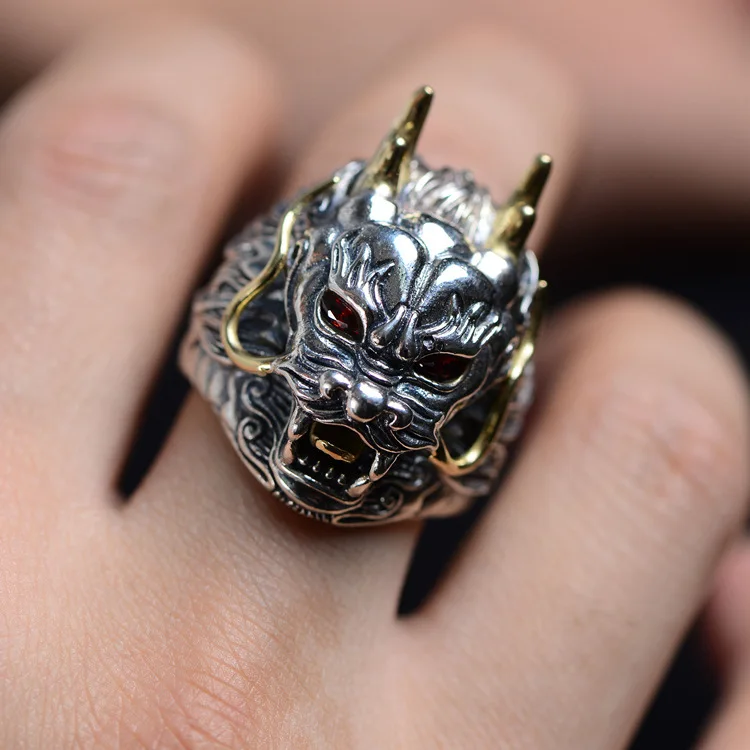 buy S925 pure silver Thai silver restoring ancient ways is double color stereo dragon king leading domineering man ring
