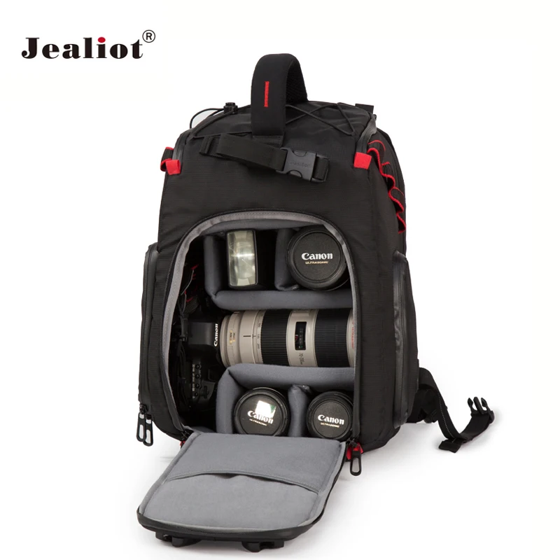 

Jealiot DSLR Waterproof Shockproof Camera Backpack Tripod Shoulders Case Red Stripe fit 14 inch Laptop Bag for Canon Nikon Sony
