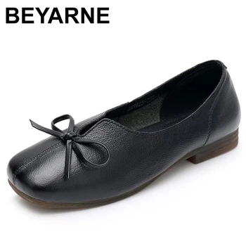 

BEYARNE New Arrival Genuine Leather Flat Women Ballet Flats Shoes Woman Plus Size 41 Black Square Toe Bowtie Shoes Shallow Lady