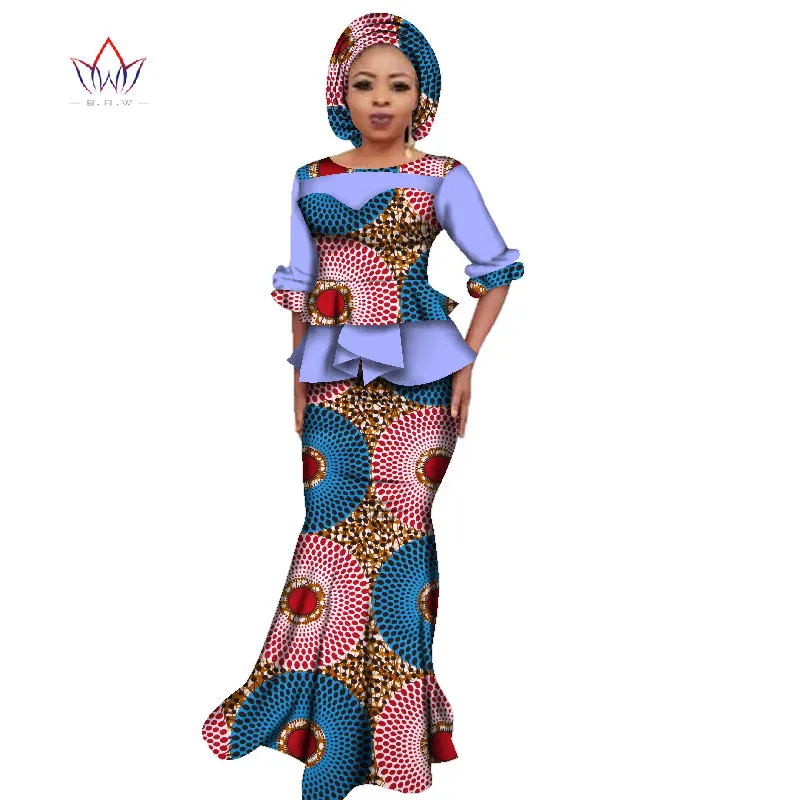 Летний Африканский Дашики для женщин o-образный вырез юбка набор натуральный Базен Riche африканская мода одежда Хлопок размера плюс BRW WY2394