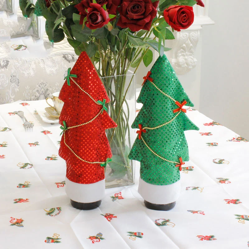 

2019 Bling Shiny Christmas Tree Shape Wine Bottle Cover Decorations Red Green Christmas Wine Bottle
