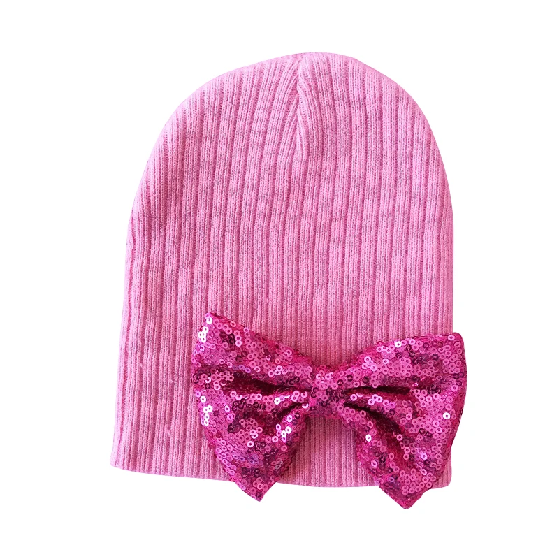 Детская кепка, зимняя шапка, вязаная шапка с блестками и бантом для маленьких девочек, детские шапки с бантом-бабочкой - Цвет: Розово-красный
