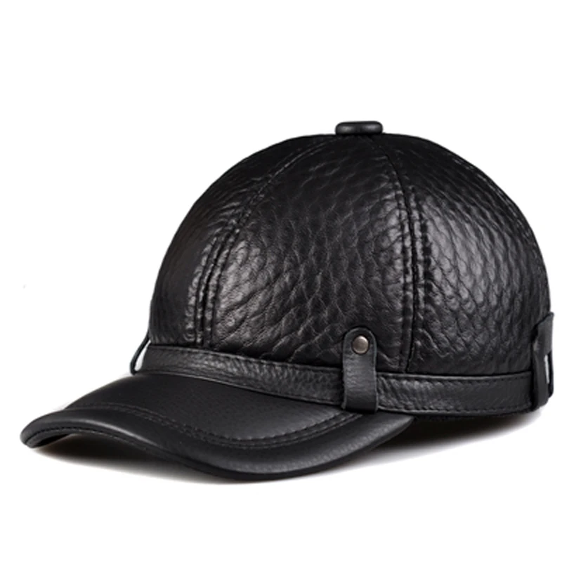 

RY131 Male 2019 Spring/Winter Genuine Leather Cowhide Head Protection Baseball Caps Black Plaid Embossing Adjustable Hat For Man