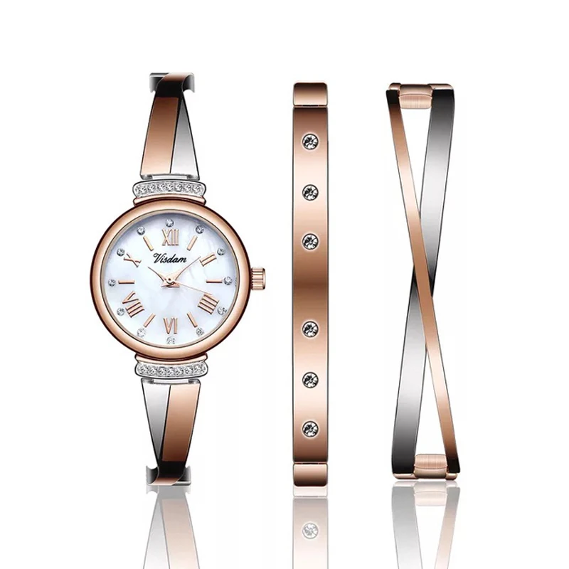 

High Quality 3 Pcs Watch Set Women Rose Gold Diamond Bracelet Watch Luxury Lady Female Casual Quartz Wristwatches With Gift Box