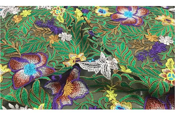 

5 yards green multi colors embroidered Lace Fabric, vintage rose embroidered tulle lace fabric, bridal wedding decoration