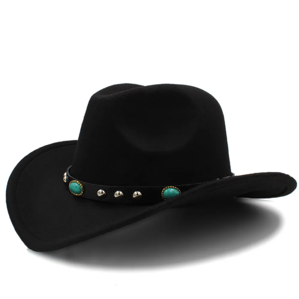 Мужская шерстяная открытая западная ковбойская шляпа с широкими полями, для джентльмена, джаз, Sombrero Hombre, Женская Ковбойская шляпа с поясом в стиле панк, размер 56-58 см - Цвет: Black