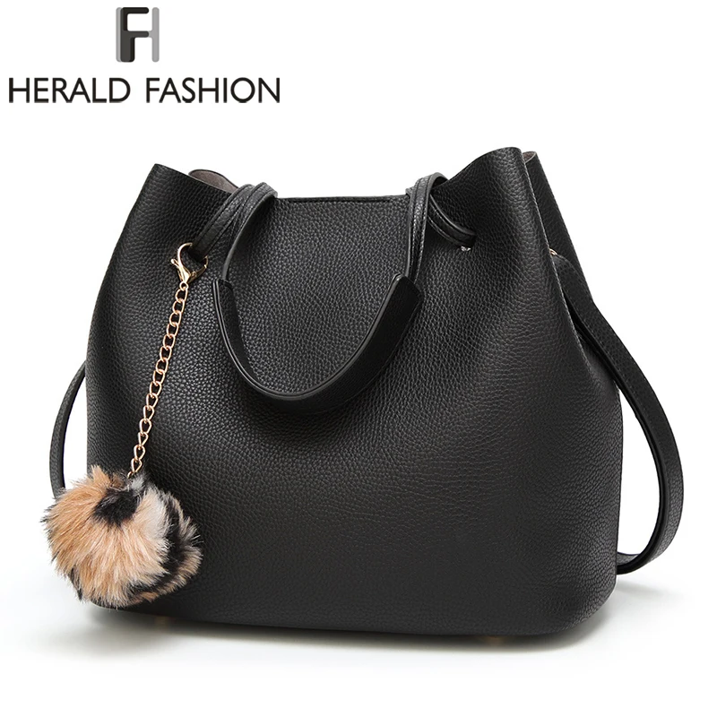

Herald Fashion Women Bag Large Capacity Composite Bag With Hair Ball Quality Female Leather Shoulder Bag Causal Lady's Bucket