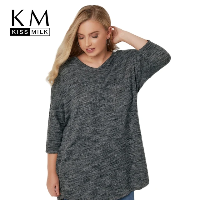 kissmilk plus size 2018 new fashion women casual three quarter plus size v neck t shirts