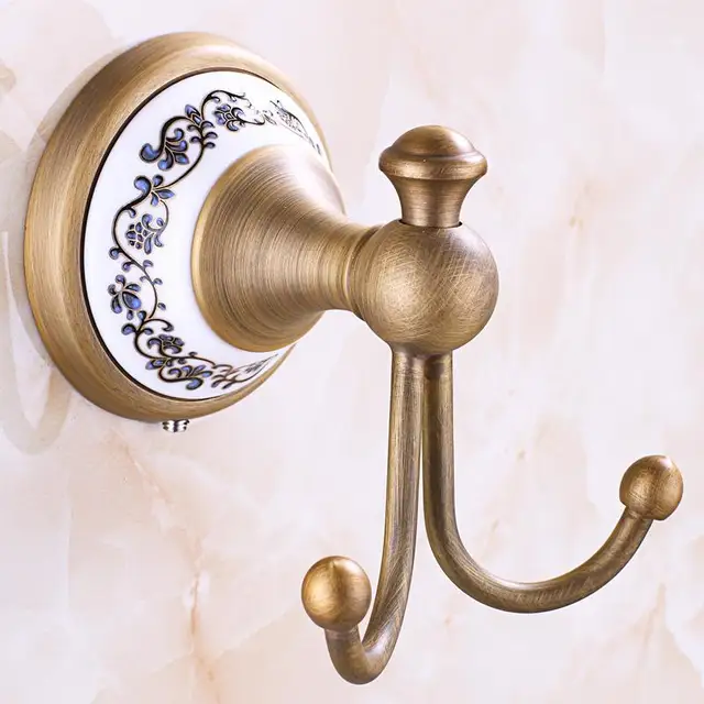 Antique Solid Brass Coat Hook Ceramic European Towel Hanging Bathroom Clothes Wall Hook Carved