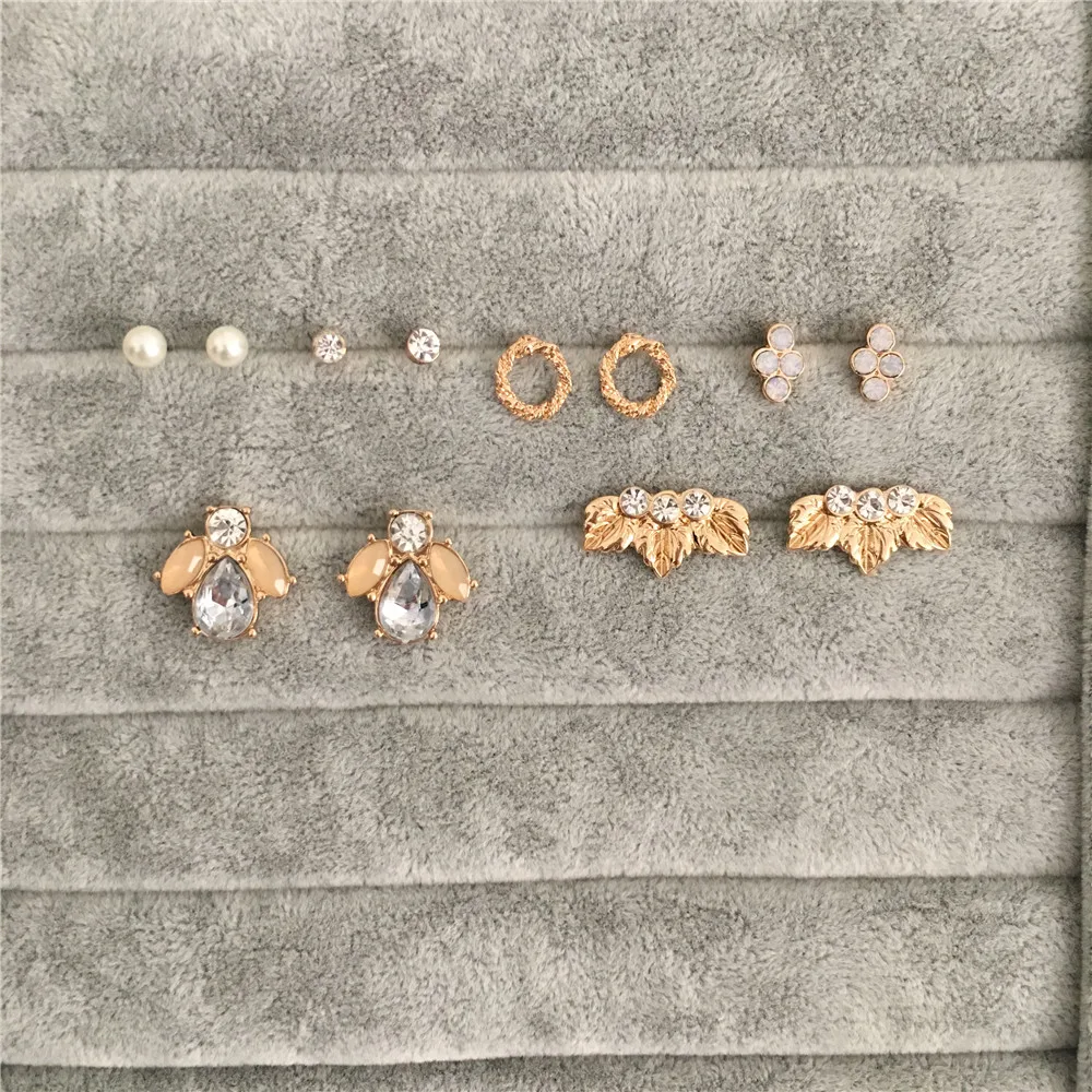 

Multi pack leaf stone circle pearl crystal stud earring set