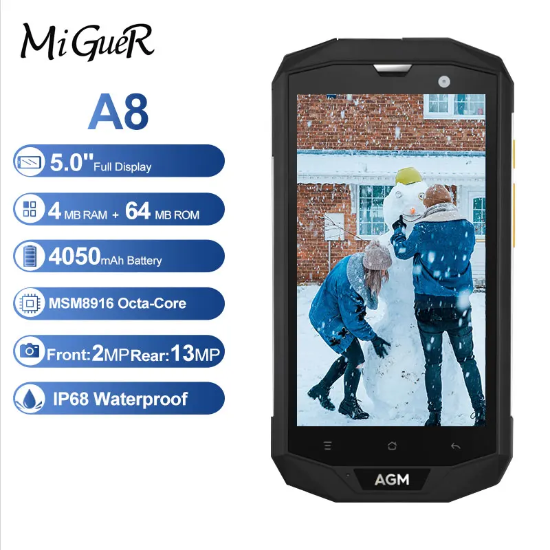 

Original AGM A8 IP68 Waterproof Android 7.0 MSM8916 Quad Core 1.2GHz 5.0 Inch 4GB RAM 64GB ROM 13.0MP 4050mAh 4G LTE Cellphone