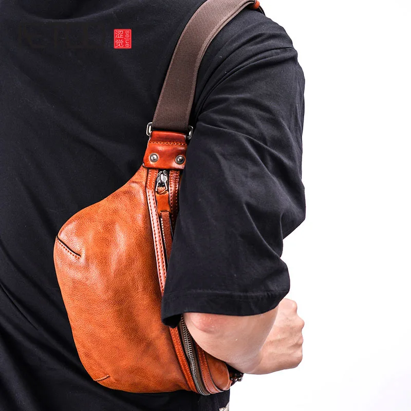 

BJYL Retro chest bag men's leather handmade casual shoulder bag diagonal cross bag leather men's pockets tide soft leather