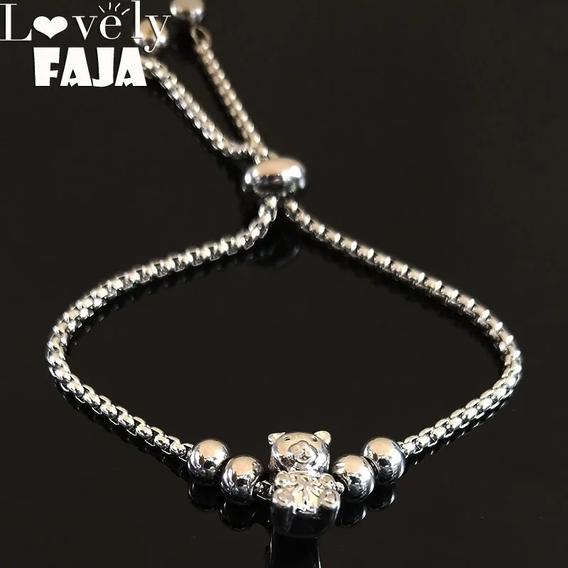 

2019 Bear Stainless Steel Charm Bracelet Women Silver Color Bead Chain Bracelet Jewelry joyeria de acero inoxidable women B18270