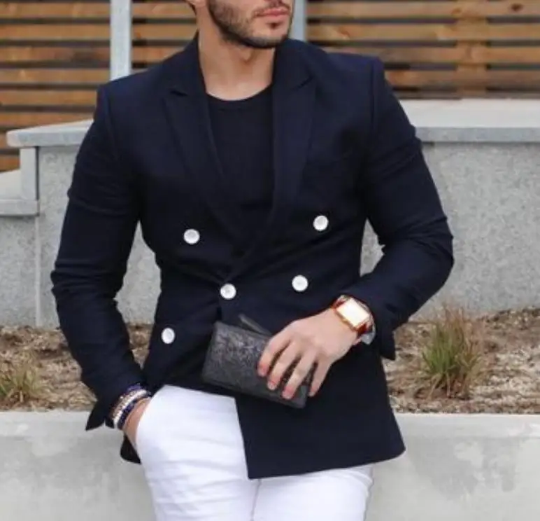 Double Breasted Men's Suit Blazer Navy Blue Business Suits For Men Slim Fit Mens With Pants Custom 2 Piece Traje Hombre | Мужская