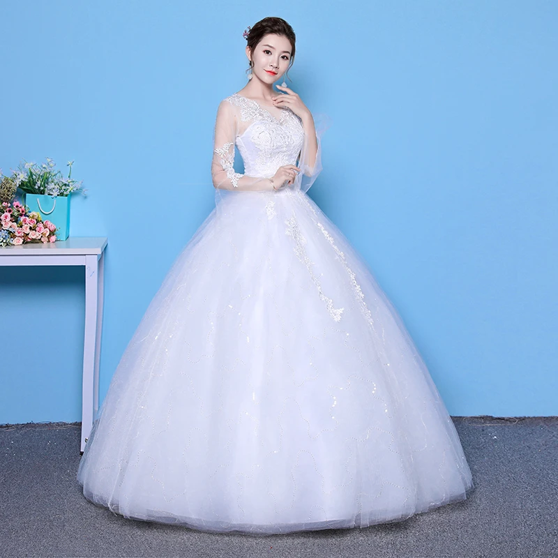 Новое свадебное платье невесты кружевное бальное платье рукава Свадебное платье es v-образным вырезом Свадебное платье с вышивкой
