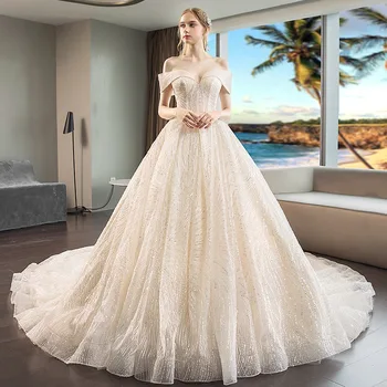 

Luxury Royal Train Wedding Gowns Champagne Vestido De Noiva Off The Shoulder Bridal Dresses V Neck Princess Ball Gown 05415