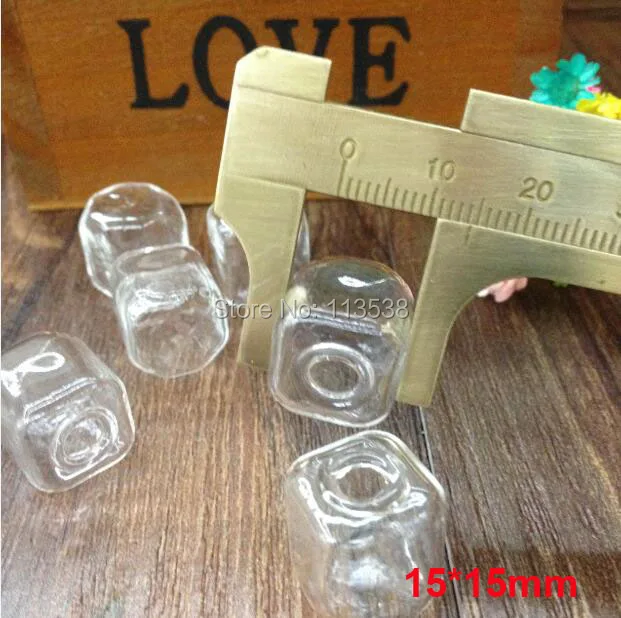 

100pcs/lot 15X15mm clear square cube glass globes handblown Glass bottle empty vial pendant diy jewelry findings