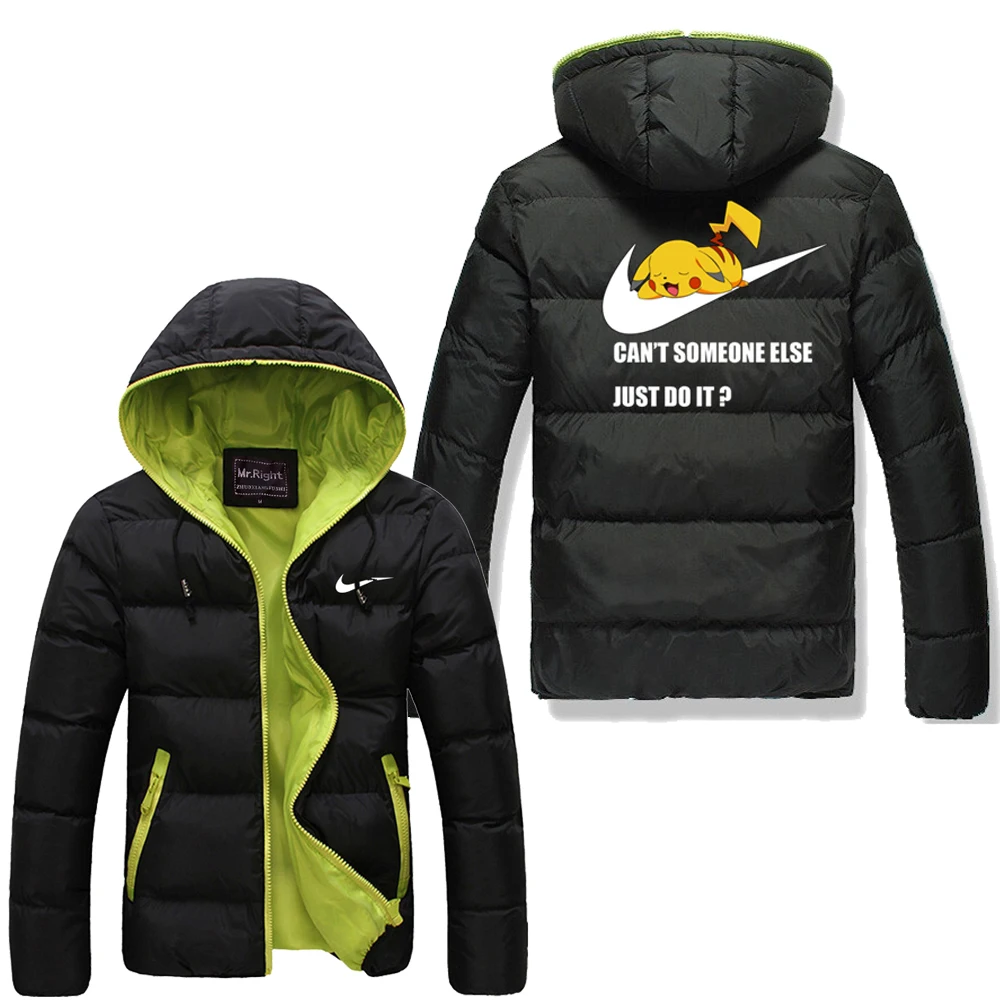 

5XL Men Winter Casual New Hooded Thick Padded Jacket Zipper Slim Men Women Coats Men Parka Outwear Warm Just Pikachu Do It