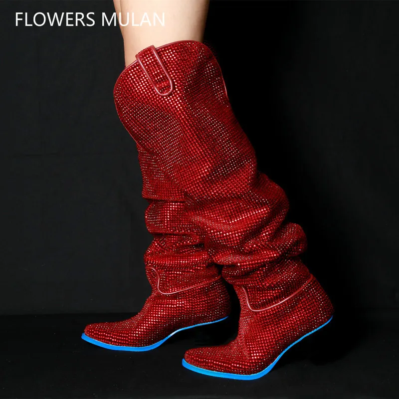 

Name Brand Designers Red Crystal Embellished Full Diamond Upper Knee High Boots Shoes Women Slip On Blue Sole 5cm Chunky Heel