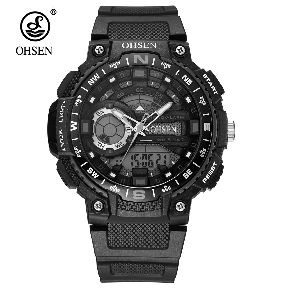Top Brand OHSEN Quartz Digital Watch Sport Watch Men 50m Swim Horloge LCD Rubber Band Man Watch