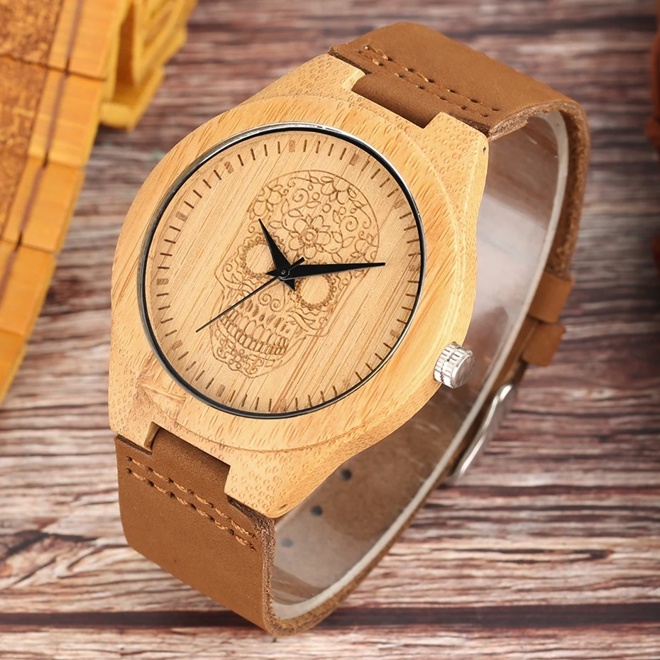 Punk Skull Ghost Wood Watch Man Retro Fashion Bamboo Wood Leather Band Quartz Watch for Men Clock Male Gifts Quartz Reloj Hombre 2020  2019 (6)