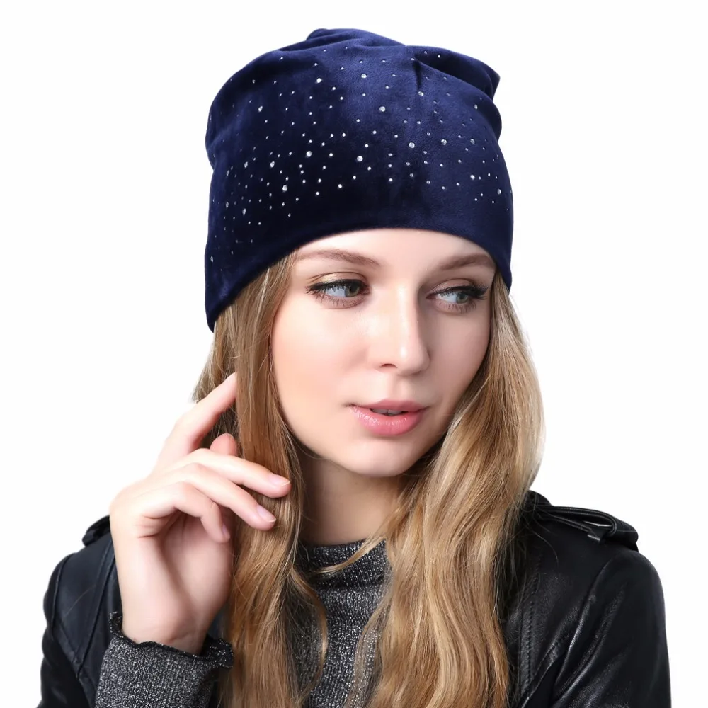 Geebro Women's Velour Rhinestones Beanies Hat Spring Polyester Slouchy Beanie for Women Plain Color Skullies Bonnet Cap 3