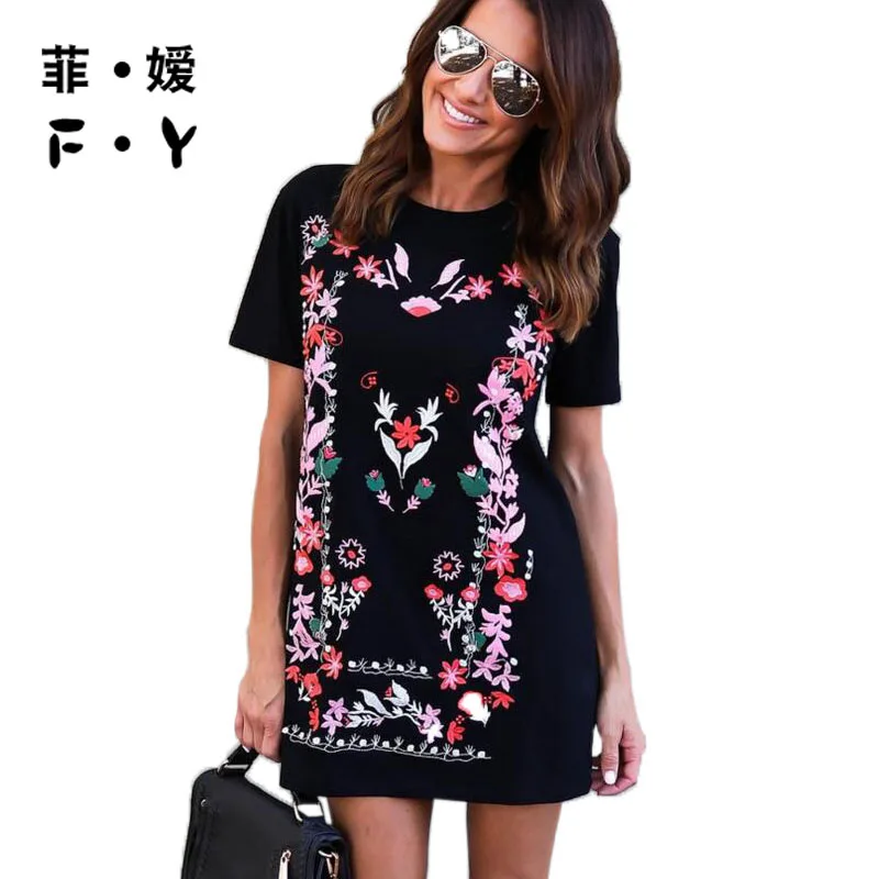 

FY 2017 Summer Dress Women Fashion New Style Sexy Black Print Dress O Neck Casual Straight Office Dress Plus Size