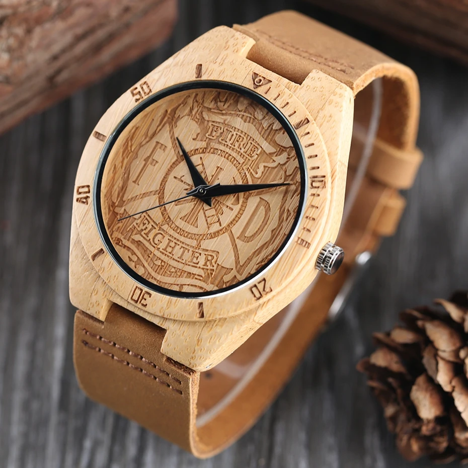 Luxury Handicrafts Gifts Engraving Firefighter Dial Light Bamboo Quartz Wooden Watch Mens Sports Genuine Leather Male Hour Clock 2018 (14)