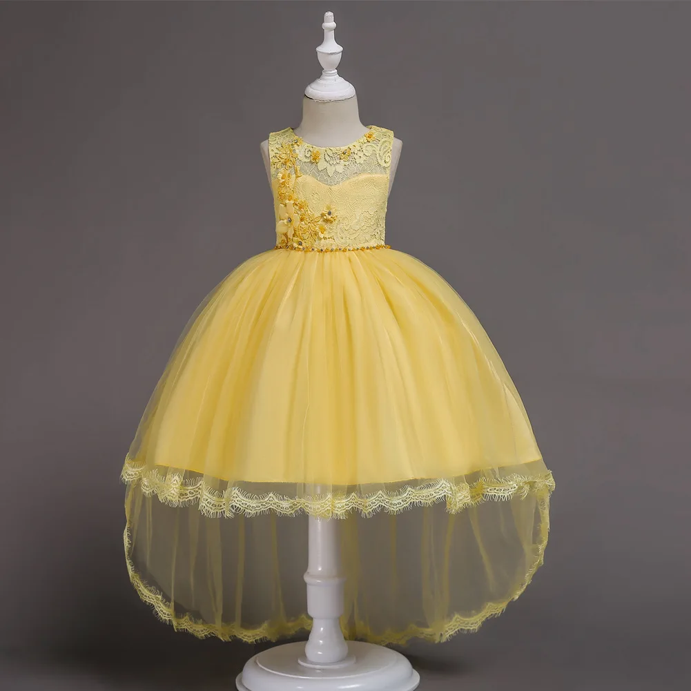 

2019 New Europe and America girls Elegant princess wedding dress lace Appliques flower Hollow swallowtail sleeveless dress