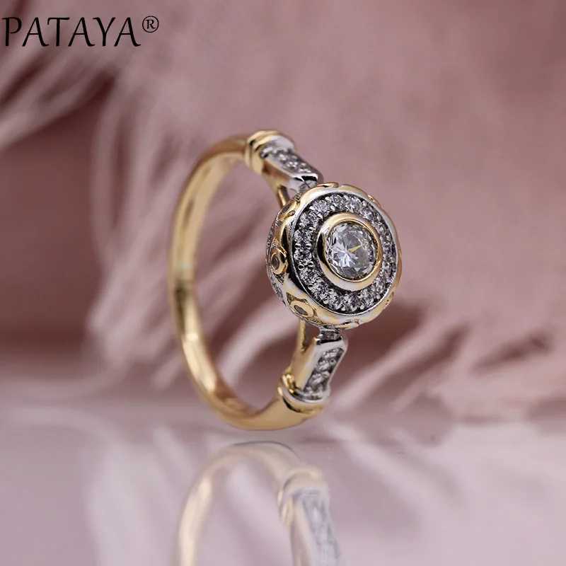 PATAYA New 585 Rose Gold Lovely Carved Natural Zircon Rings Women Fashion Jewelry Wedding Fine Craft Hollow Round White Ring - Image 2