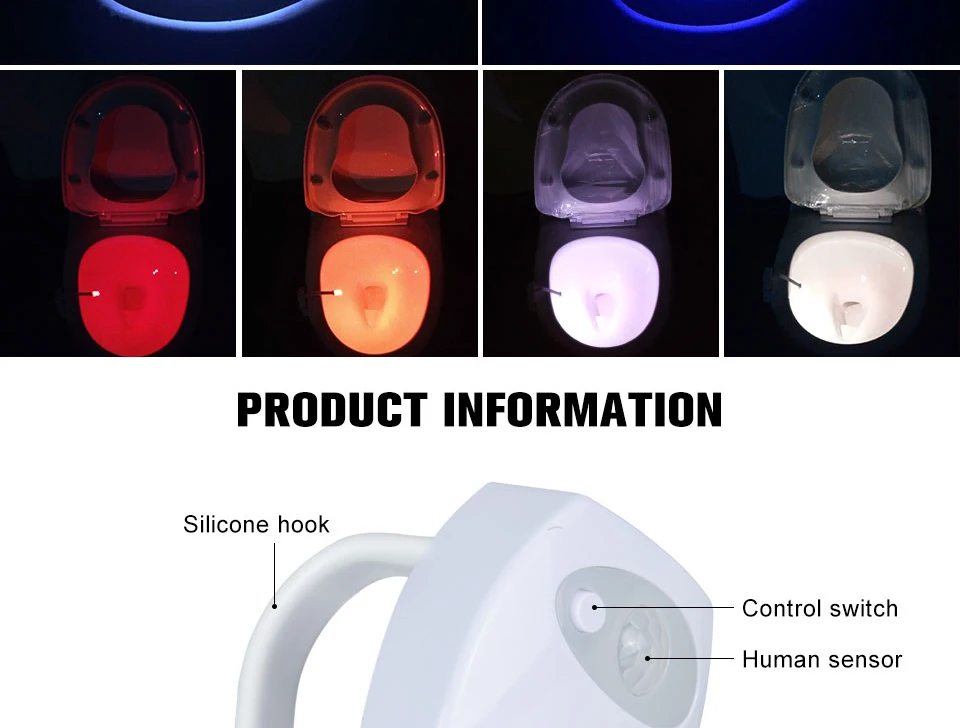 Motion Sensor Toilet Seat Lighting 8 Colors Backlight Toilet Bowl Automatic Night Lamp 3 AAA Seat Sensor Light LED Toilet Lamp (18)