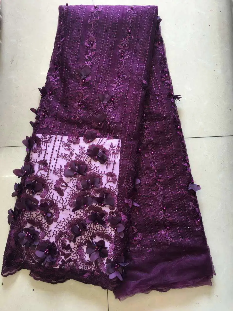 

Luxury Fabric High Quality 3d Lace Applique Embroidery African French Lace Fabric With Beads For Wedding 5yards