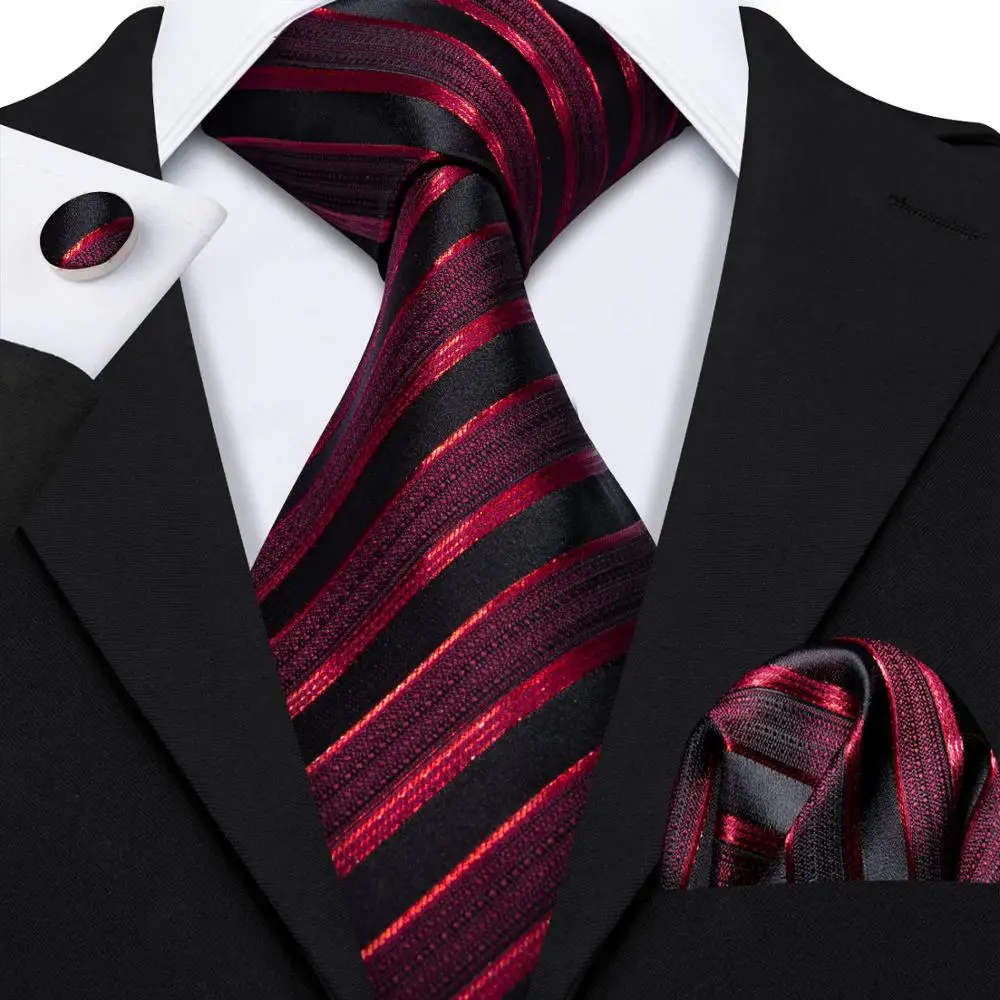 

New Male Luxury Neck Ties For Men Business Red Striped Silk Tie Handkerchief Set Barry.Wang Fashion Design Men Neck Tie DR-5022
