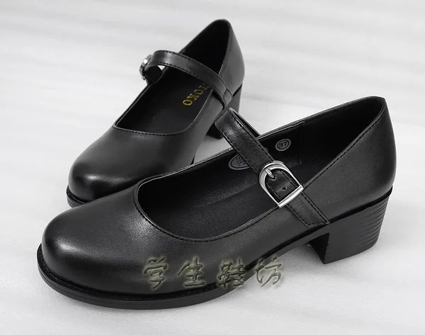 

Japanese School Students Uniform Shoes Uwabaki JK Round Toe Buckle Trap Women Girls Lolita Retro Black Cosplay Med Heels K13