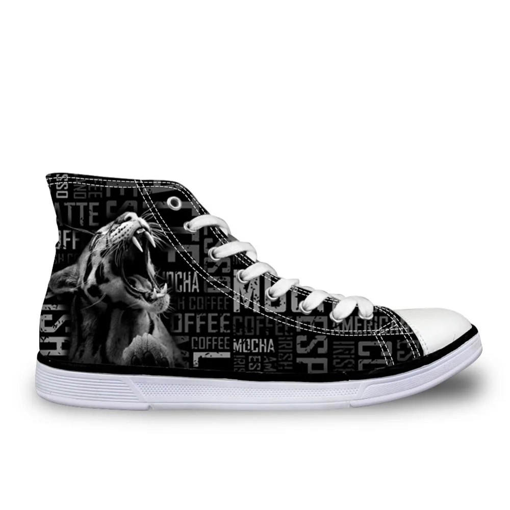 

New Arrival Shoes Male Ferocious Tiger Pattern Vulcanize Shoes Letter Black Flats Canvas Mens Shoes High Top Sneakers