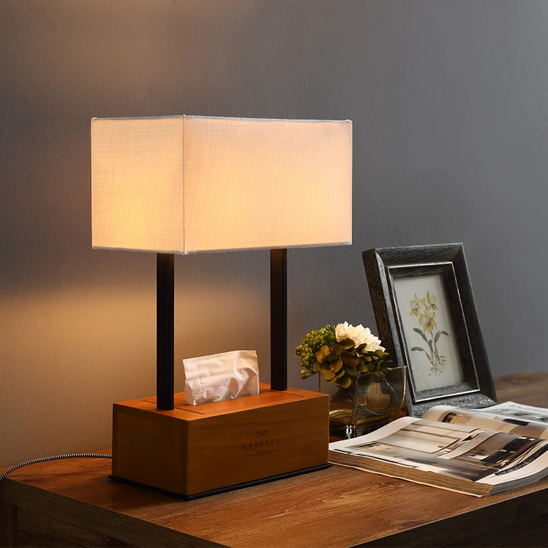 Modern Bedside Lamps With Wood Tissue Box For Bedroom Living Room