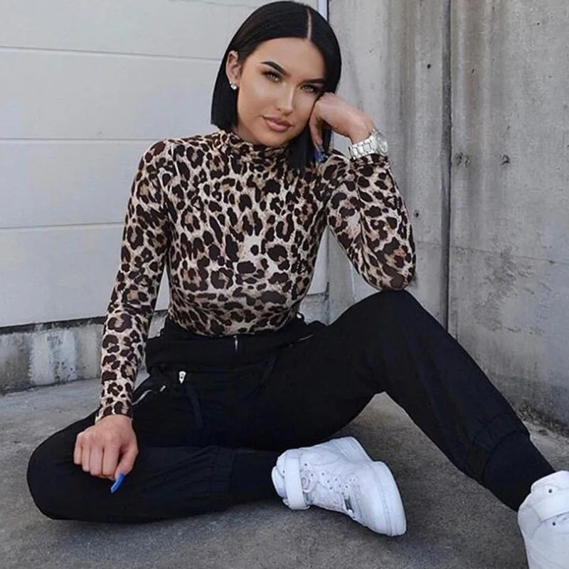 2019 Sexy Leopard Bodysuit Women Bodycon Turtleneck Bodysuits Ladies Long Sleeve Short Jumpsuits Romper One piece Femme Playsuit