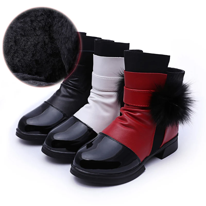

Autumn Winter Plus Cashmere High heels Round Toe leather Snow Boots for Girls Children Kid Booties Short Martin rubber Boots