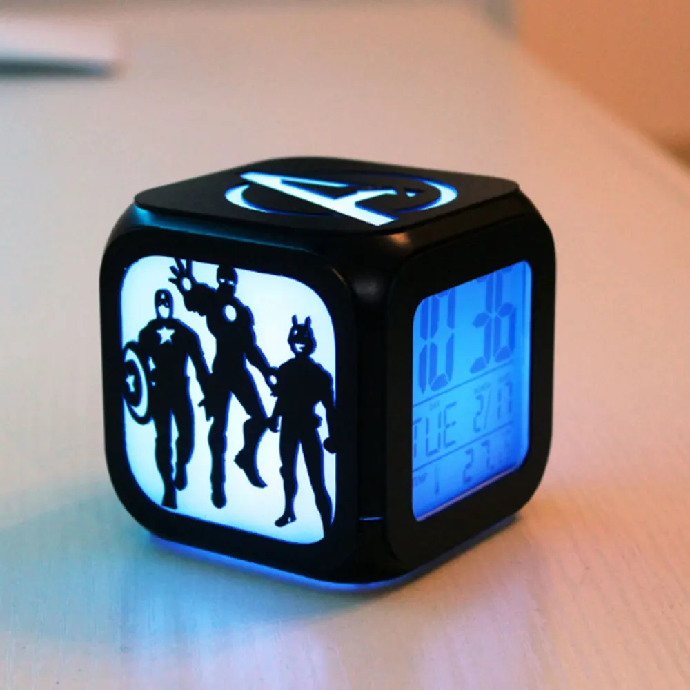 

Anime Avengers Endgame 4 Alarm Clock 3d LED Night Light Spider-Man Iron Man Captain America Color Change Night lamp Kids Gift