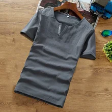 Gran oferta 2019 camisa vintage de verano para hombre de gran tamaño con cuello en V de algodón de manga corta Camisa de lino Ropa de talla grande M-6XL