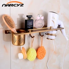 Multi function Bathroom Hair Dryer Holder Wall Mounted Rack Antique Copper Shelf Storage Organizer Hairdryer Holder