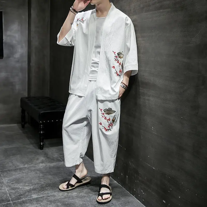 

Japanese Style Streetwear Loose Fit Tracksuit Men Clothes 2019 Summer Two Piece Set Top And Pants Kimono Shirts Sets XXXXXL